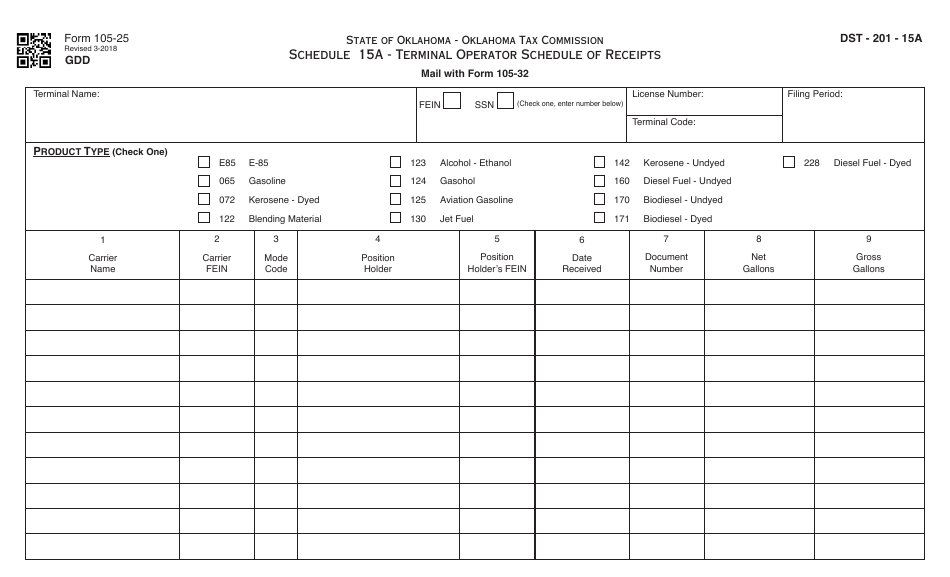 OTC Form 105-25 Schedule 15A Terminal Operator Schedule of Receipts - Oklahoma, Page 1