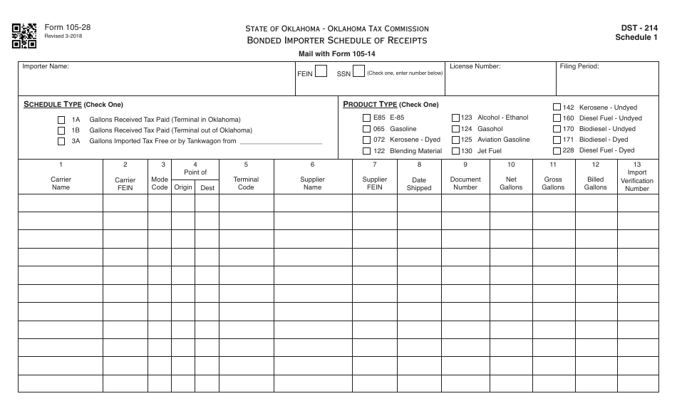 OTC Form 105-28 Bonded Importer Schedule of Receipts - Oklahoma, Page 1