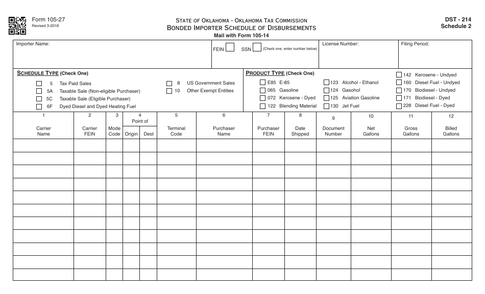 OTC Form 105-27 Bonded Importer Schedule of Disbursements - Oklahoma, Page 1