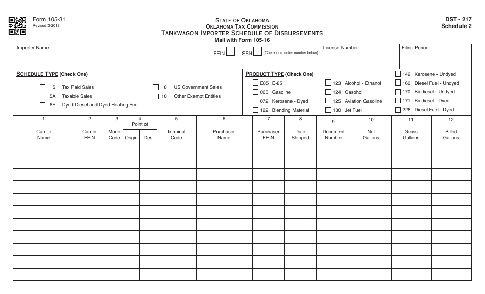 OTC Form 105-31 Tankwagon Importer Schedule of Disbursements - Oklahoma, Page 1