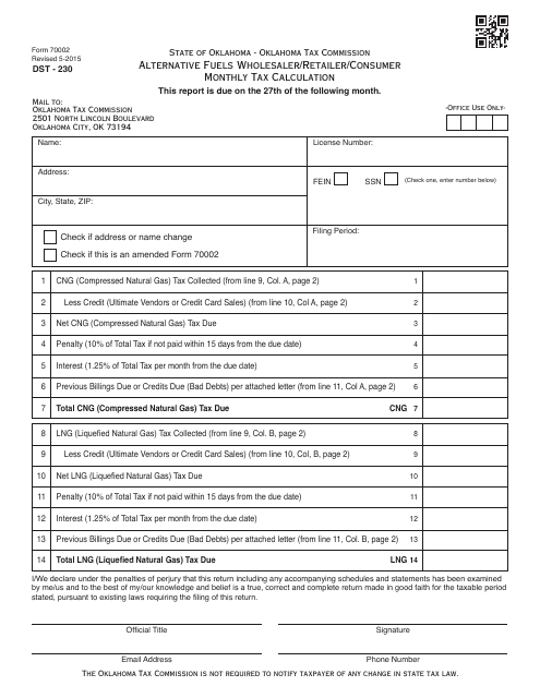 OTC Form 70002 Alternative Fuels Wholesaler/Retailer/Consumer Monthly Tax Calculation - Oklahoma