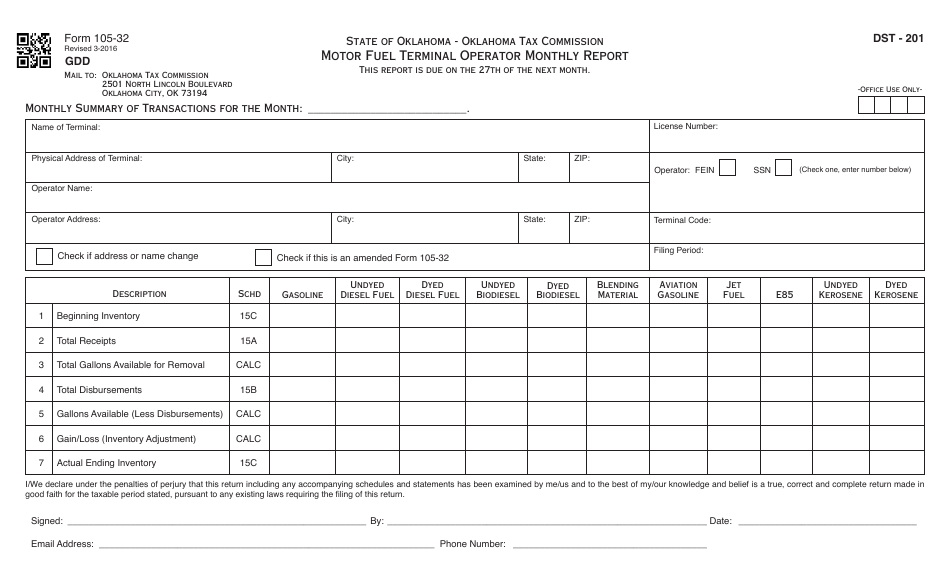 OTC Form 105-32 Motor Fuel Terminal Operator Monthly Report - Oklahoma, Page 1