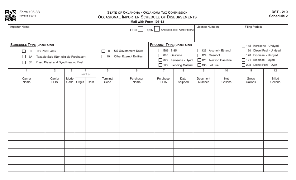 OTC Form 105-33 Occasional Importer Schedule of Disbursements - Oklahoma, Page 1