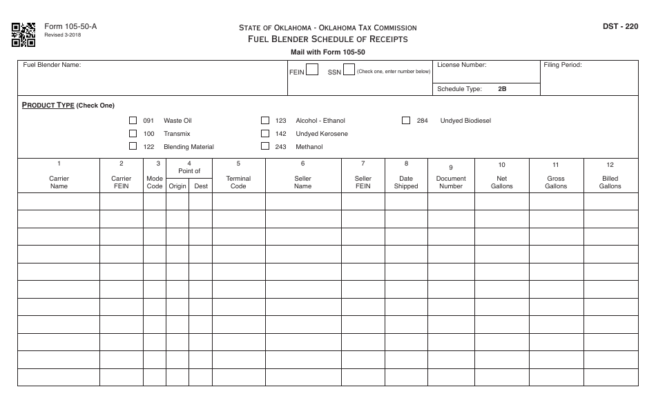 OTC Form 105-50-A Fuel Blender Schedule of Receipts - Oklahoma, Page 1