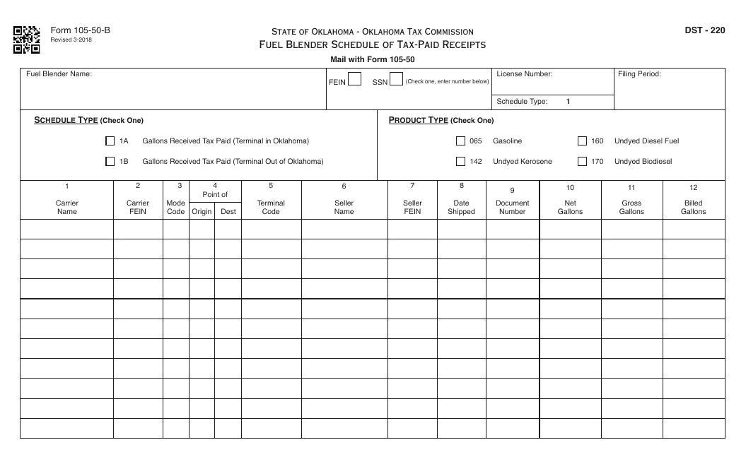 OTC Form 105-50-B Fuel Blender Schedule of Tax-Paid Receipts - Oklahoma