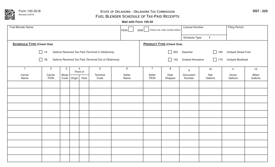 OTC Form 105-50-B Fuel Blender Schedule of Tax-Paid Receipts - Oklahoma, Page 1