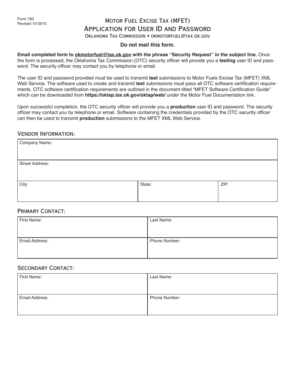 OTC Form 190 Application for User Id and Password - Oklahoma, Page 1