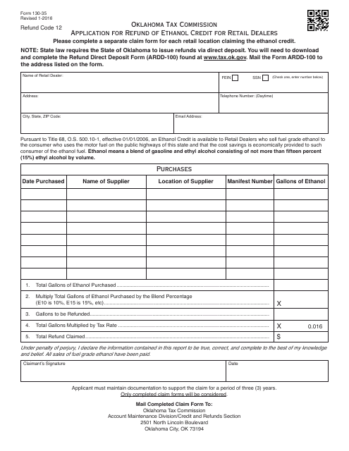 OTC Form 130-35 Application for Refund of Ethanol Credit for Retail Dealers - Oklahoma