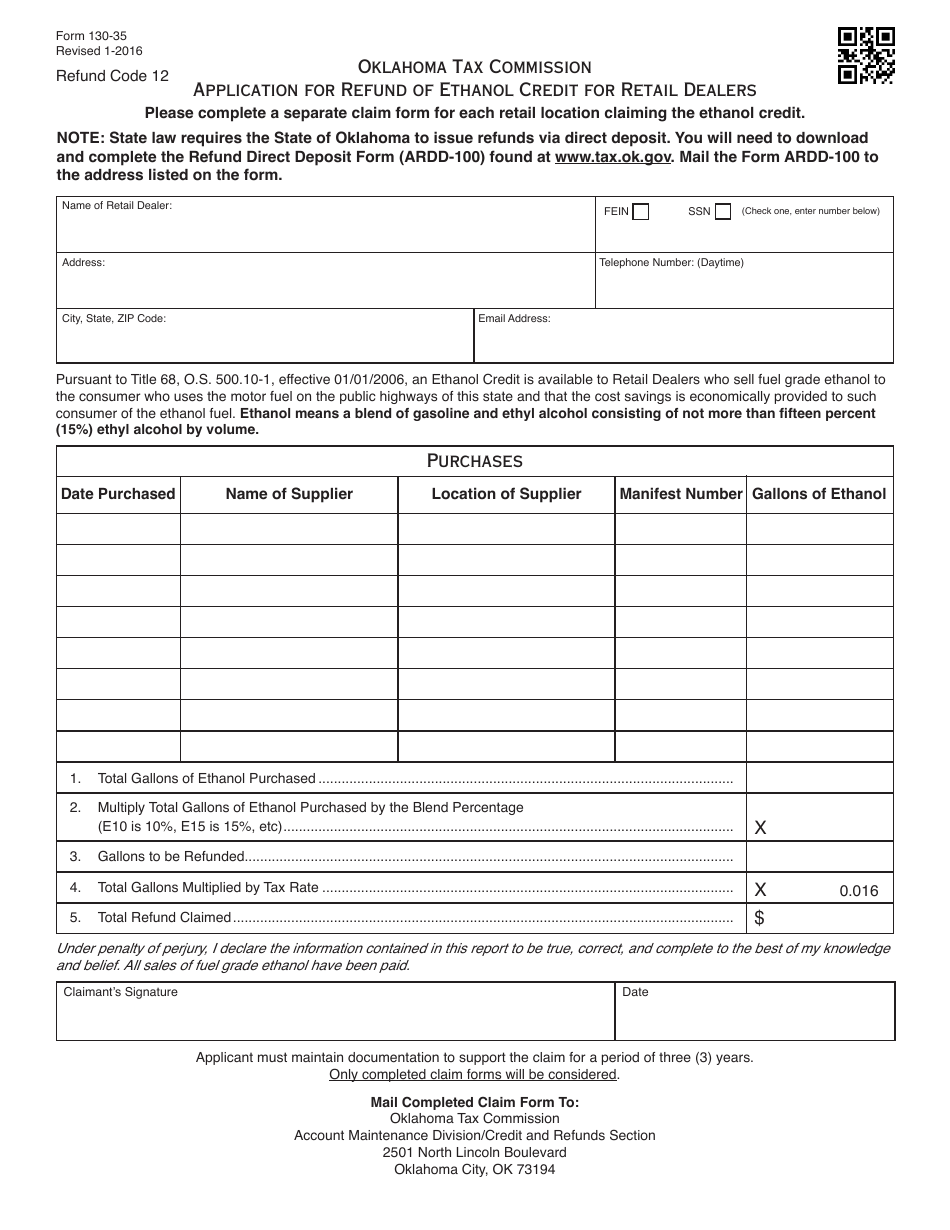 OTC Form 130-35 Application for Refund of Ethanol Credit for Retail Dealers - Oklahoma, Page 1