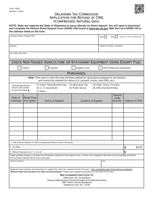 OTC Form 70001 Application for Refund of Cng (Compressed Natural Gas) - Oklahoma