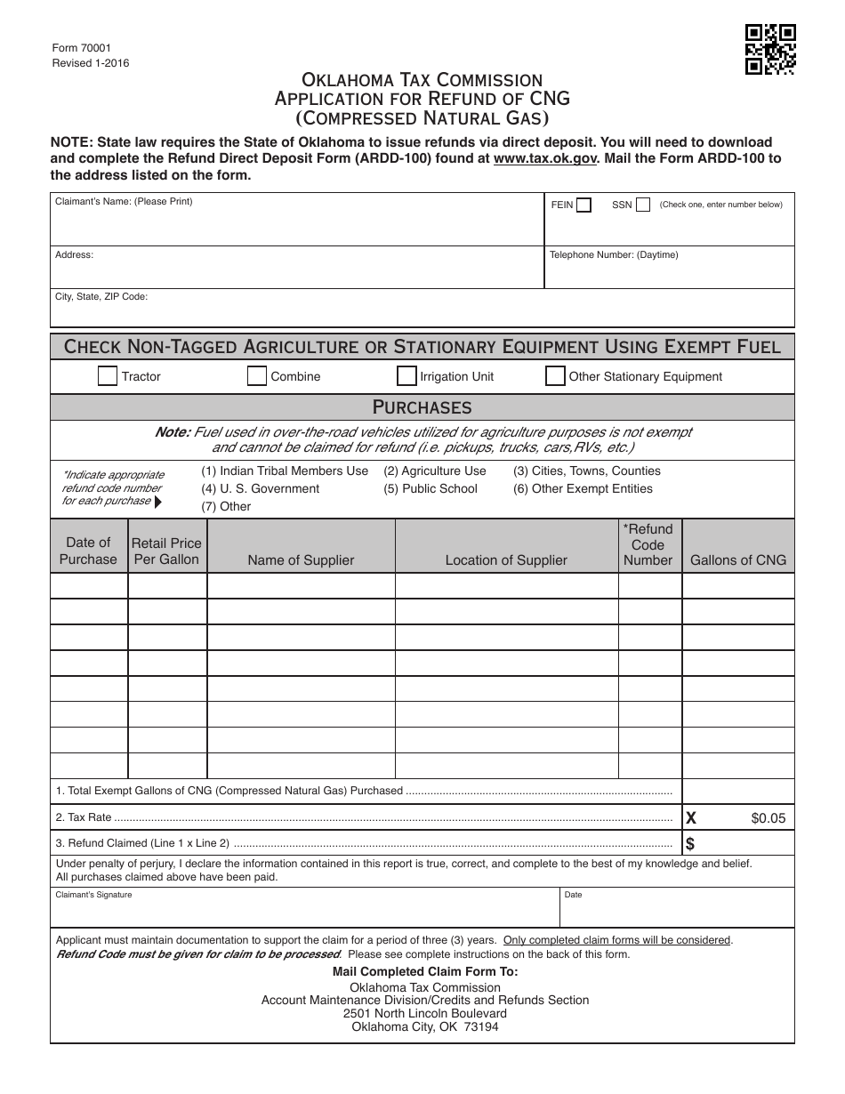 OTC Form 70001 Application for Refund of Cng (Compressed Natural Gas) - Oklahoma, Page 1