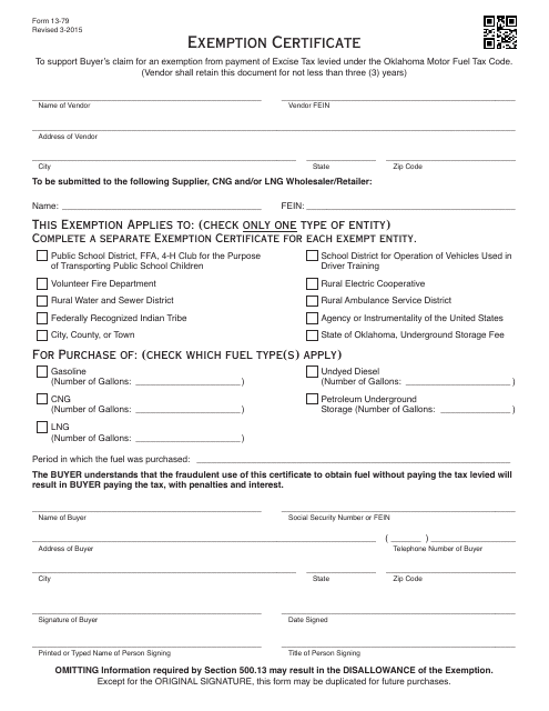 OTC Form 13-79  Printable Pdf