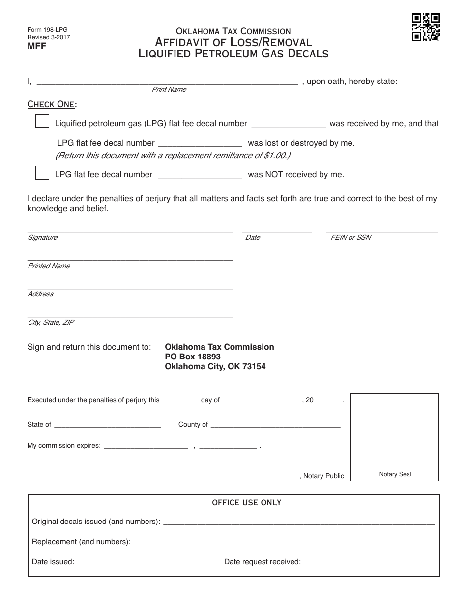 OTC Form 198-LPG Affidavit of Loss / Removal Liquified Petroleum Gas Decals - Oklahoma, Page 1