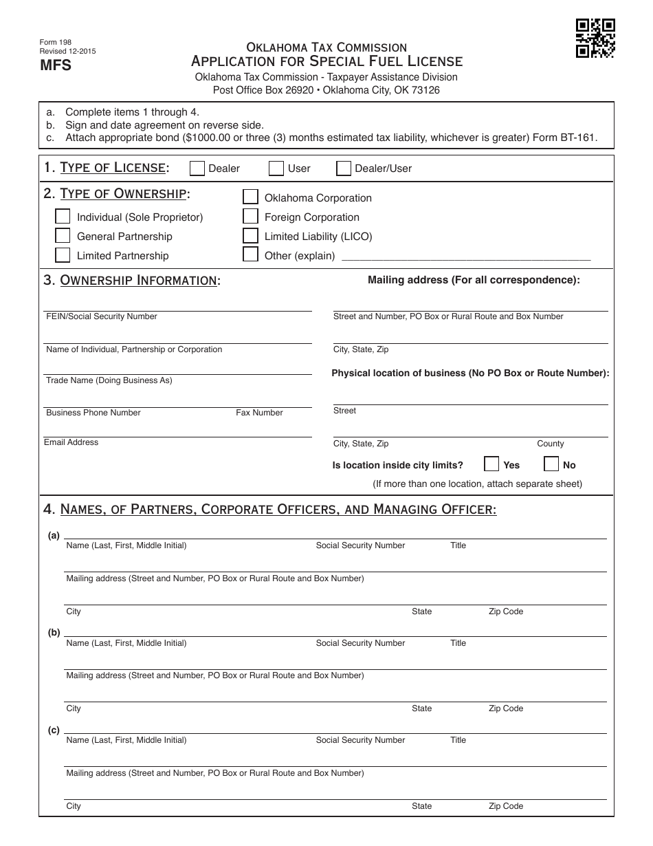 OTC Form 198 Application for Special Fuel License - Oklahoma, Page 1