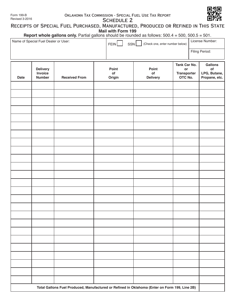 OTC Form 199-B Schedule 2 Receipts of Special Fuel Purchased, Manufactured, Produced or Refined in This State - Oklahoma, Page 1
