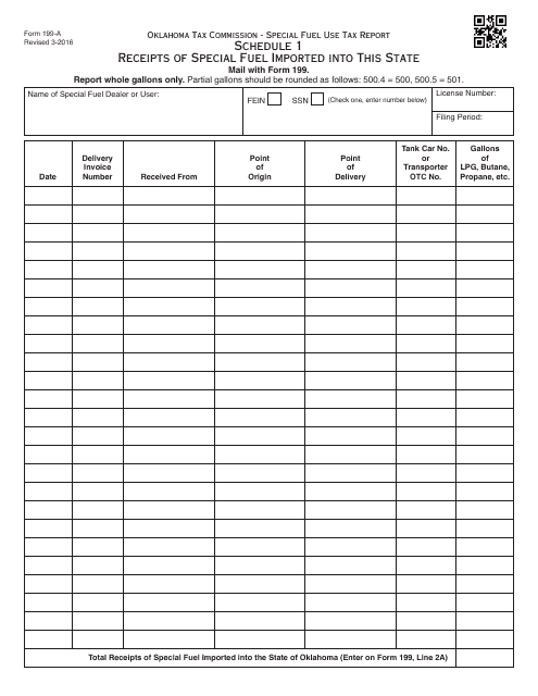 OTC Form 199-A Schedule 1 Receipts of Special Fuel Imported Into This State - Oklahoma
