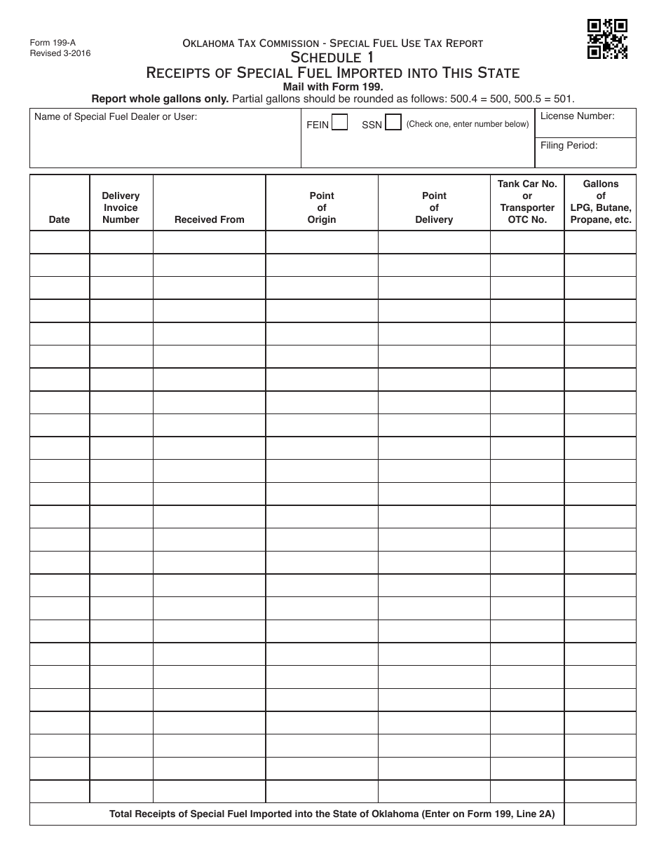 OTC Form 199-A Schedule 1 Receipts of Special Fuel Imported Into This State - Oklahoma, Page 1