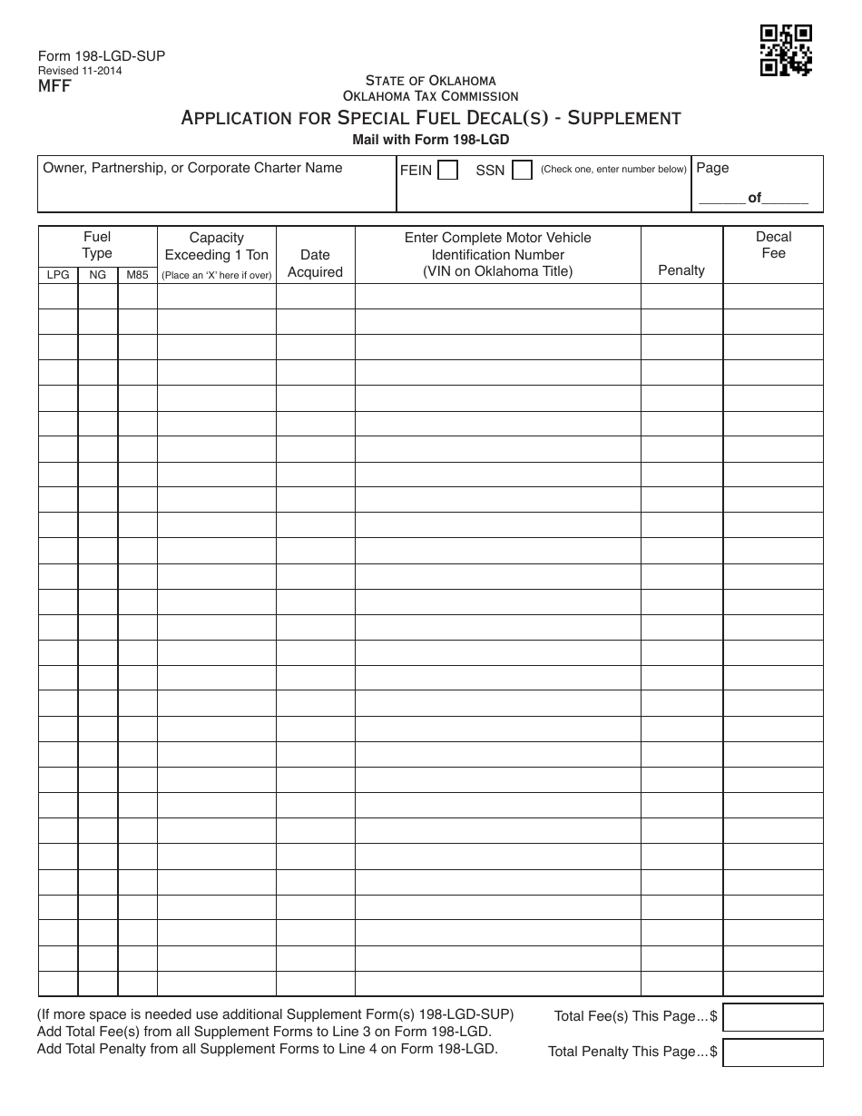 OTC Form 198-LGD-SUP Application for Special Fuel Decal(S) - Supplement - Oklahoma, Page 1