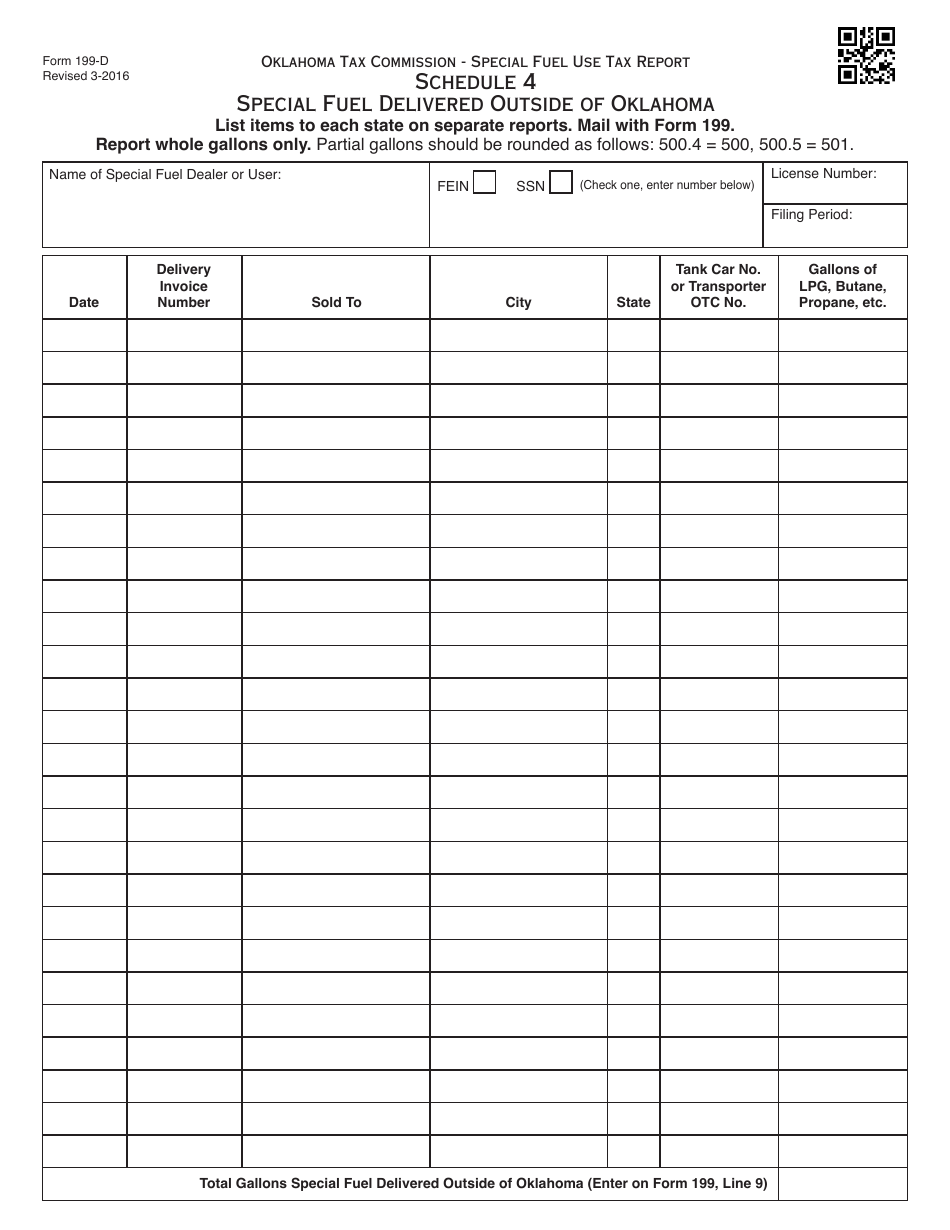 OTC Form 199-D Schedule 4 Special Fuel Delivered Outside of Oklahoma - Oklahoma, Page 1