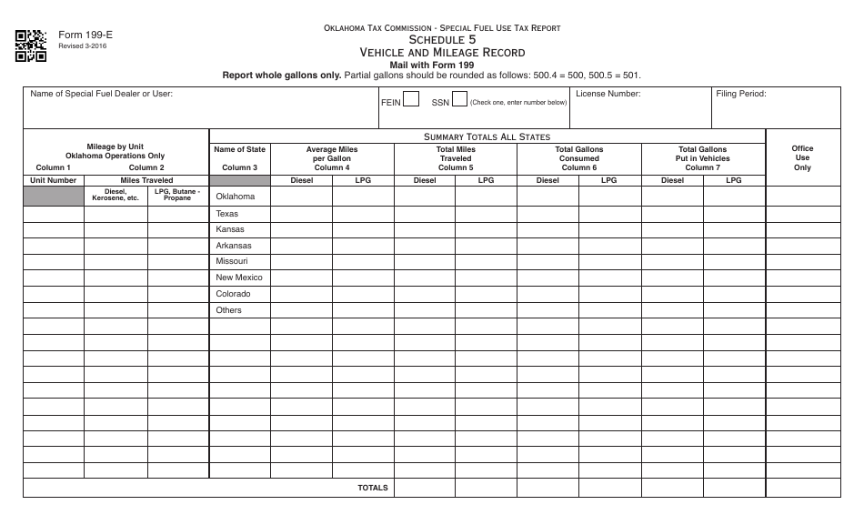 OTC Form 199-E Schedule 5 Vehicle and Mileage Record - Oklahoma, Page 1