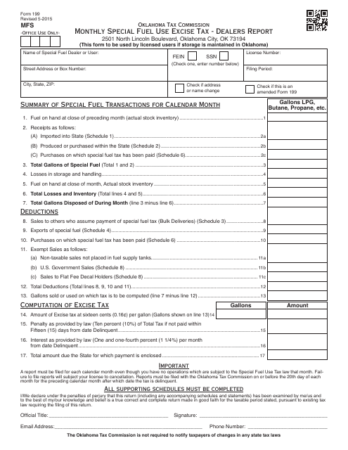 OTC Form 199 Monthly Special Fuel Use Excise Tax - Dealers Report - Oklahoma