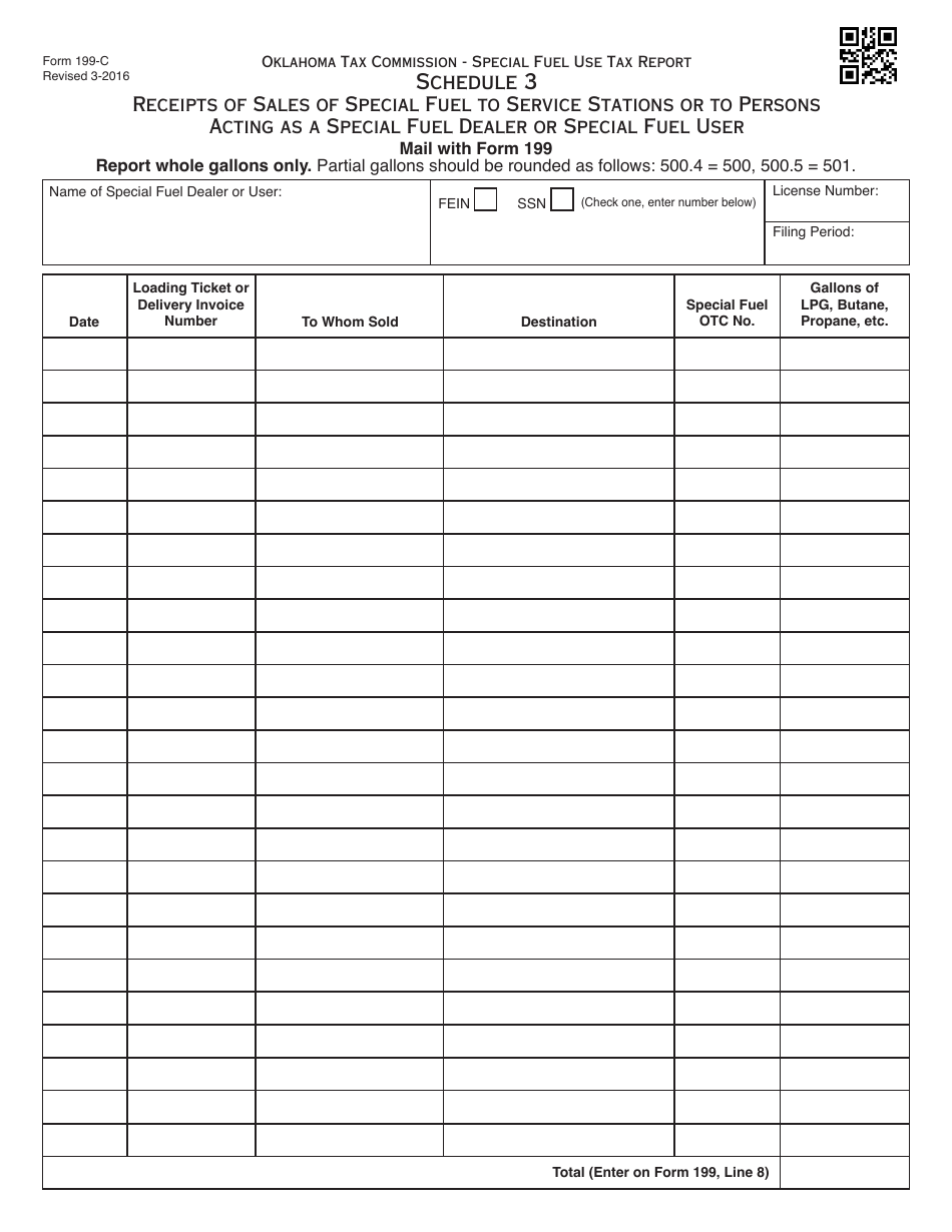 OTC Form 199-C Schedule 3 Receipts of Sales of Special Fuel to Service Stations or to Persons Acting as a Special Fuel Dealer or Special Fuel User - Oklahoma, Page 1