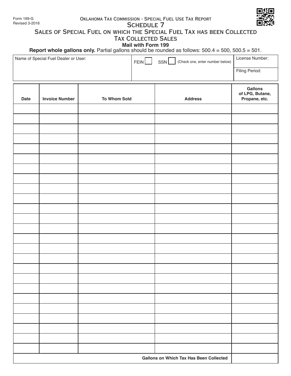 OTC Form 199-G Schedule 7 Sales of Special Fuel on Which the Special Fuel Tax Has Been Collected Tax Collected Sales - Oklahoma, Page 1