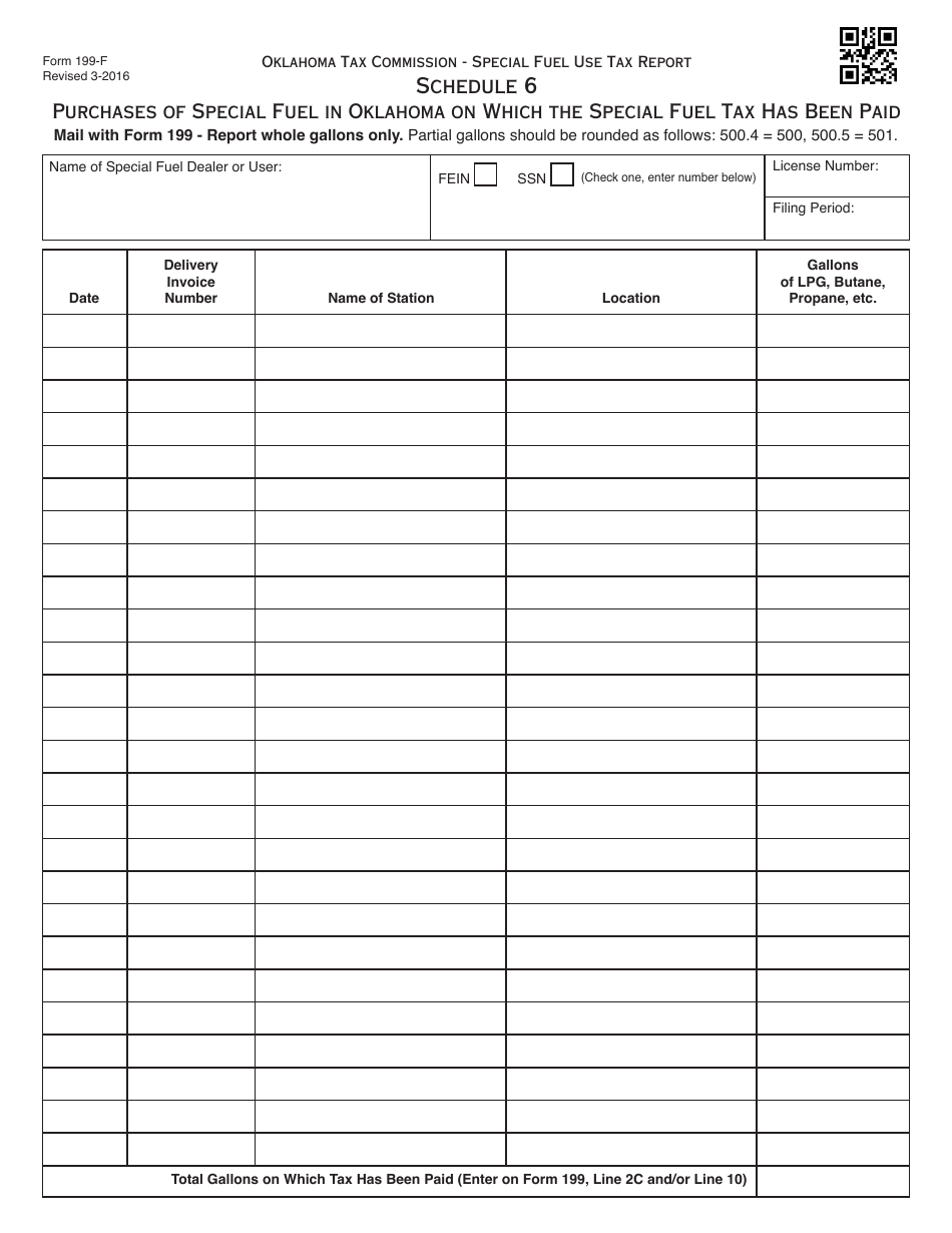 OTC Form 199-F Schedule 6 Purchases of Special Fuel in Oklahoma on Which the Special Fuel Tax Has Been Paid - Oklahoma, Page 1