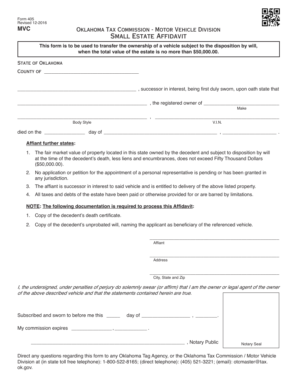 Form 405 Small Estate Affidavit - Oklahoma, Page 1