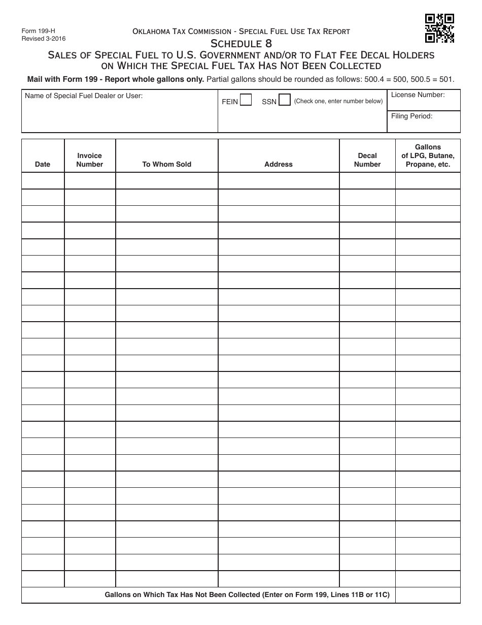 OTC Form 199-H Schedule 8 Sales of Special Fuel to U.S. Government and / or to Flat Fee Decal Holders on Which the Special Fuel Tax Has Not Been Collected - Oklahoma, Page 1
