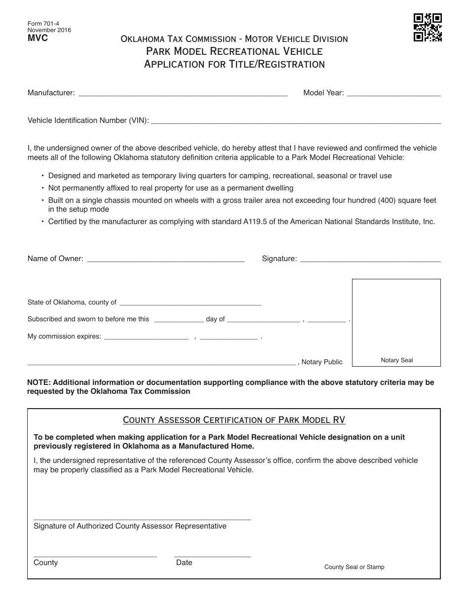 OTC Form 701-4 Park Model Recreational Vehicle - Application for Title / Registration - Oklahoma, Page 1
