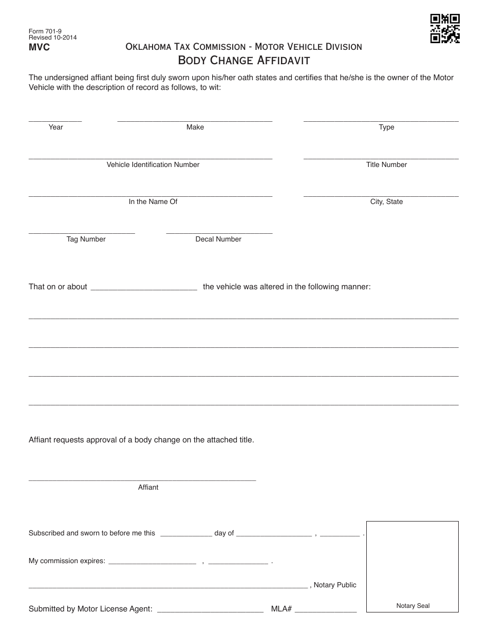 OTC Form 701-9 Body Change Affidavit - Oklahoma, Page 1