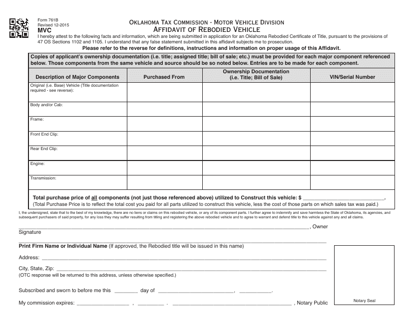 OTC Form 761B Affidavit of Rebodied Vehicle - Oklahoma