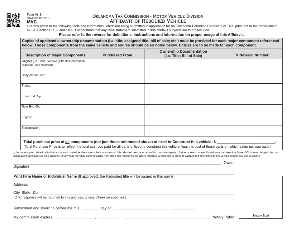OTC Form 761B Affidavit of Rebodied Vehicle - Oklahoma, Page 1