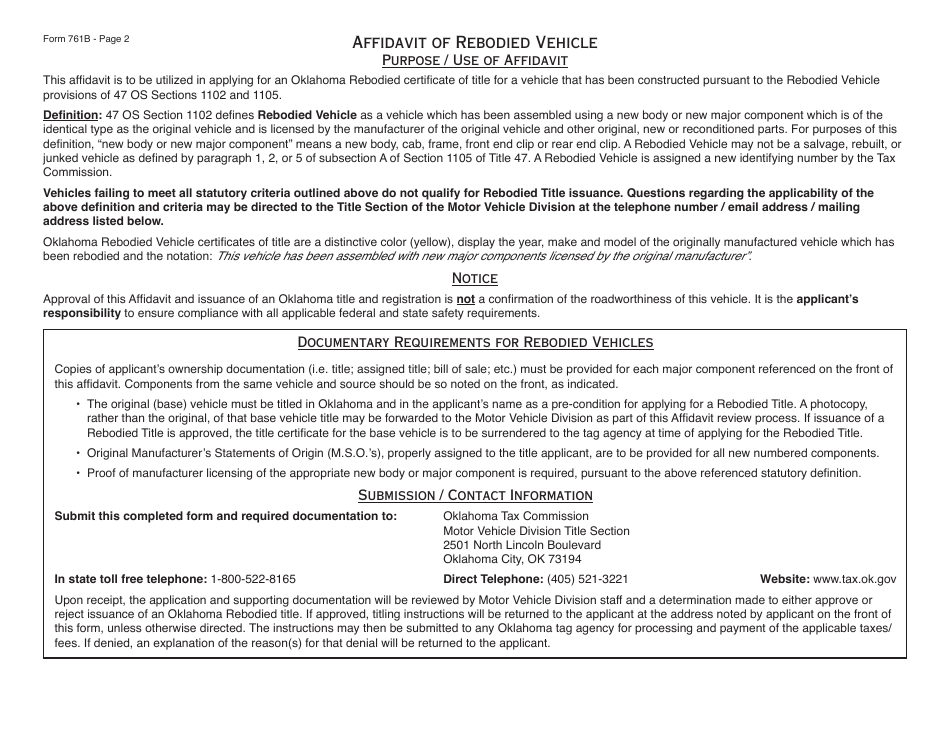 OTC Form 761B Affidavit of Rebodied Vehicle - Oklahoma, Page 2