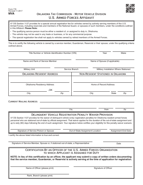 OTC Form 779 U.S. Armed Forces Affidavit - Oklahoma