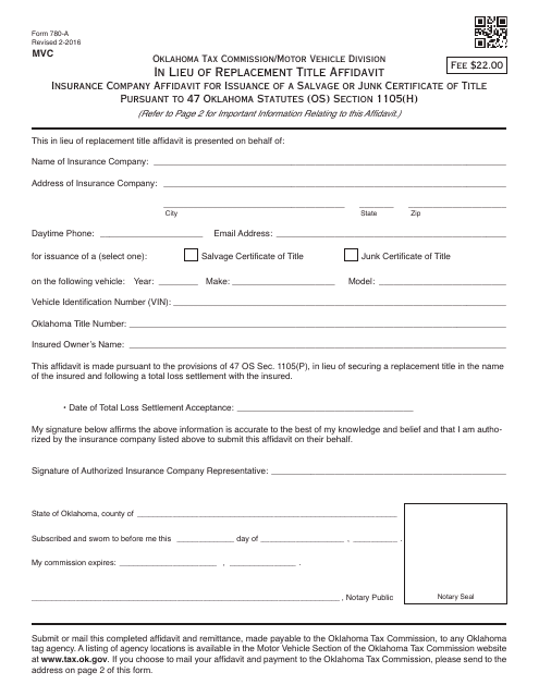 OTC Form 780-A  Printable Pdf