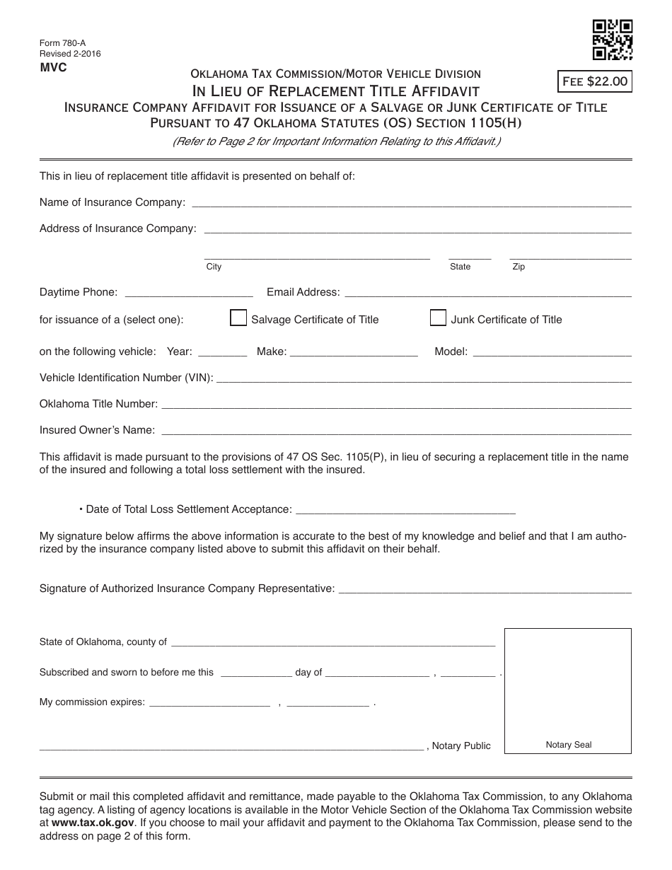 OTC Form 780A Fill Out, Sign Online and Download Fillable PDF