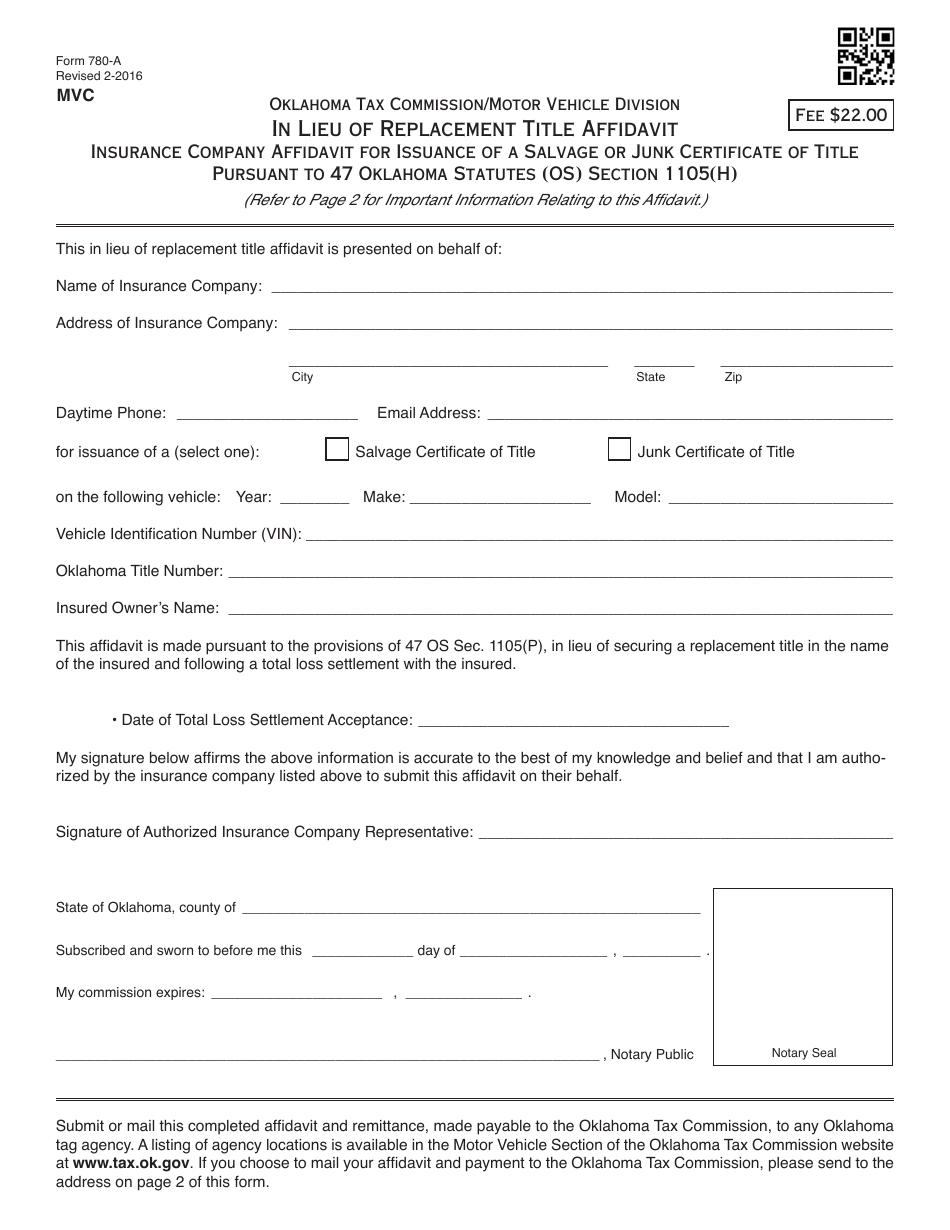 OTC Form 780-A In Lieu of Replacement Title Affidavit - Insurance Company Affidavit for Issuance of a Salvage or Junk Certificate of Title Pursuant to 47 Oklahoma Statutes (Os) Section 1105(H) - Oklahoma, Page 1