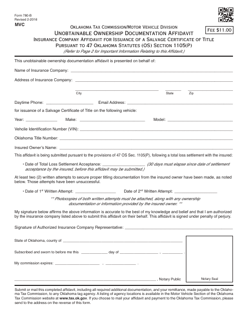 OTC Form 780-B  Printable Pdf