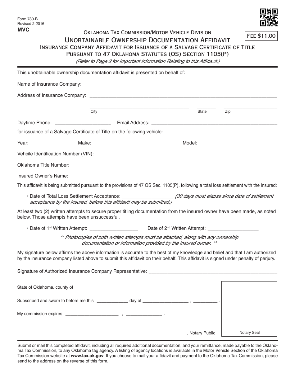 OTC Form 780-B Unobtainable Ownership Documentation Affidavit - Insurance Company Affidavit for Issuance of a Salvage Certificate of Title Pursuant to 47 Oklahoma Statutes (Os) Section 1105(P) - Oklahoma, Page 1