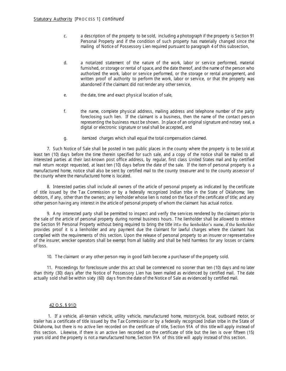 OTC Form 752 Title 42 Possessory Lien Procedures on Vehicles, Manufactured Homes, Commercial Trailers, Boats and Outboard Motors - Oklahoma, Page 11