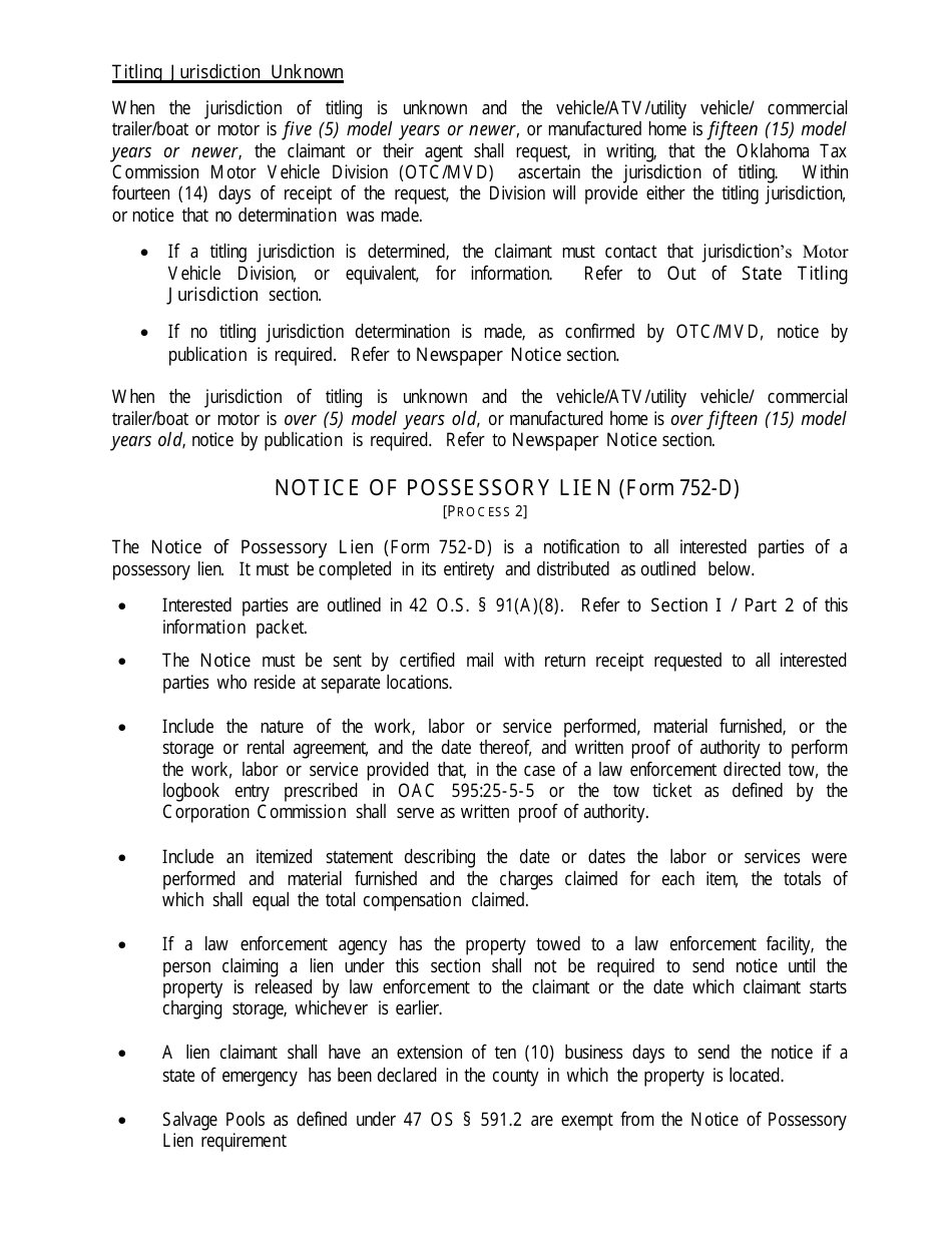 OTC Form 752 Title 42 Possessory Lien Procedures on Vehicles, Manufactured Homes, Commercial Trailers, Boats and Outboard Motors - Oklahoma, Page 15