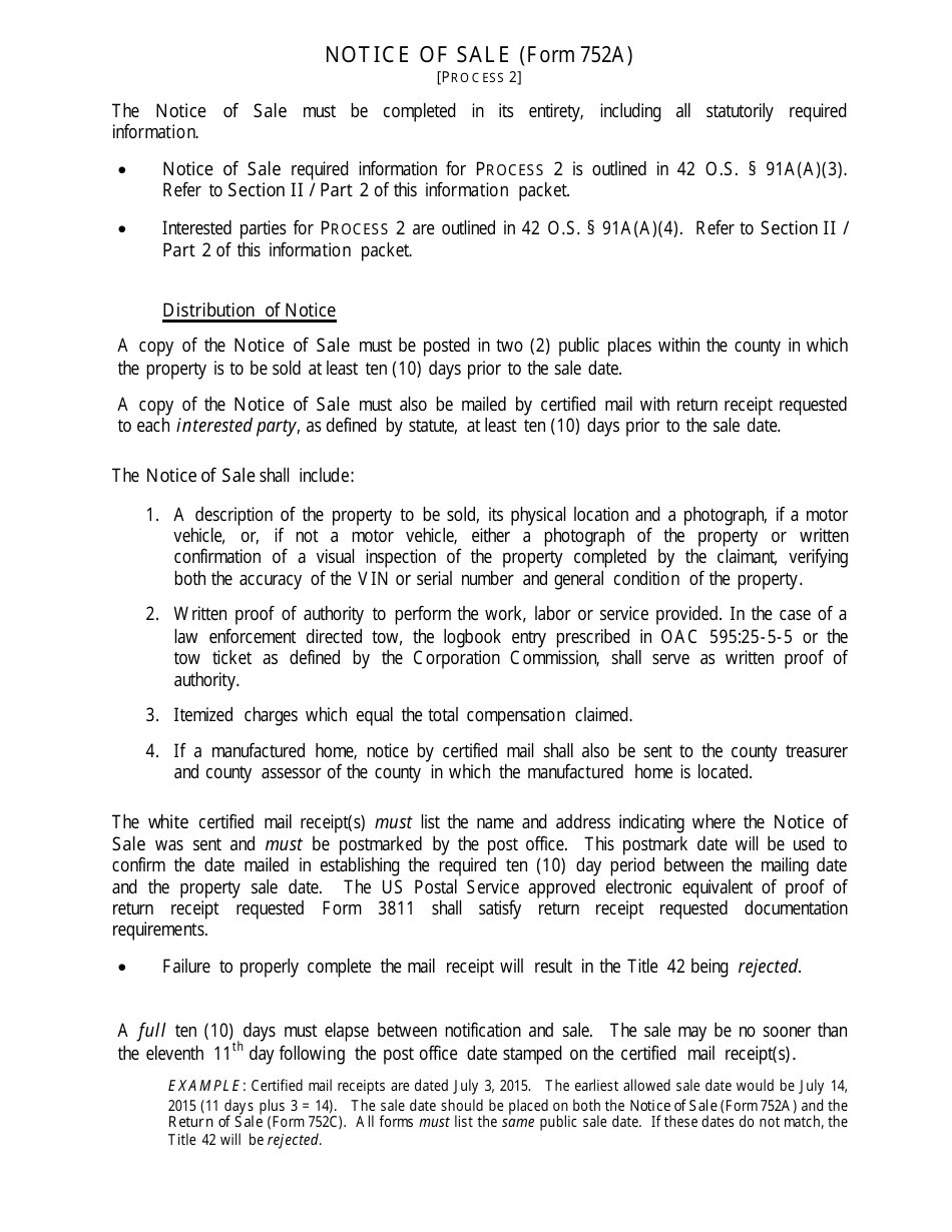 OTC Form 752 Title 42 Possessory Lien Procedures on Vehicles, Manufactured Homes, Commercial Trailers, Boats and Outboard Motors - Oklahoma, Page 16