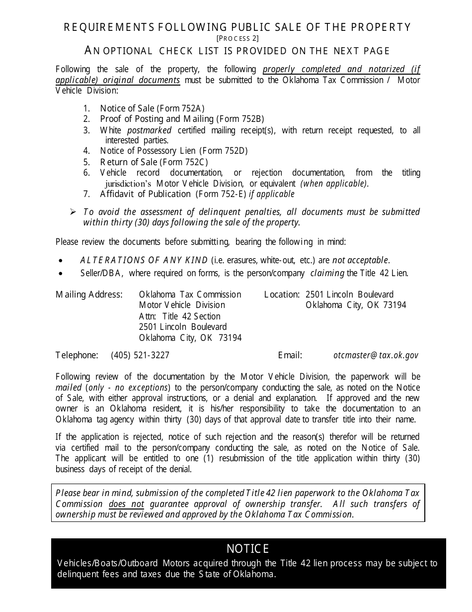OTC Form 752 Title 42 Possessory Lien Procedures on Vehicles, Manufactured Homes, Commercial Trailers, Boats and Outboard Motors - Oklahoma, Page 18