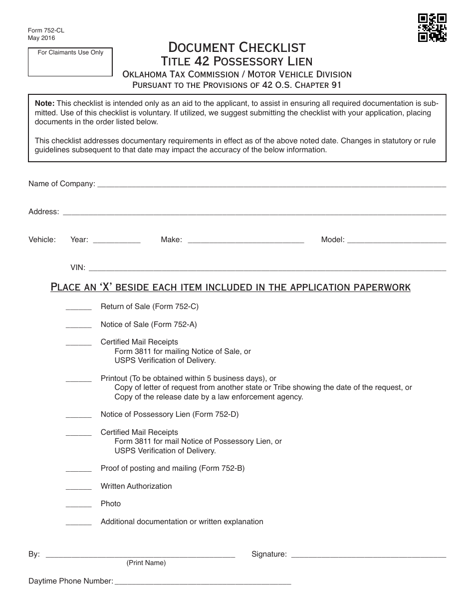 OTC Form 752 Title 42 Possessory Lien Procedures on Vehicles, Manufactured Homes, Commercial Trailers, Boats and Outboard Motors - Oklahoma, Page 19