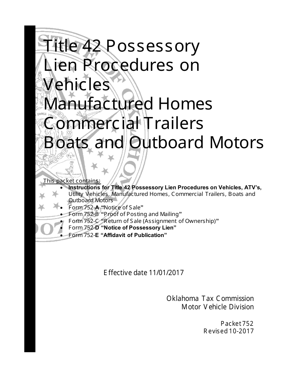 OTC Form 752 Title 42 Possessory Lien Procedures on Vehicles, Manufactured Homes, Commercial Trailers, Boats and Outboard Motors - Oklahoma, Page 1