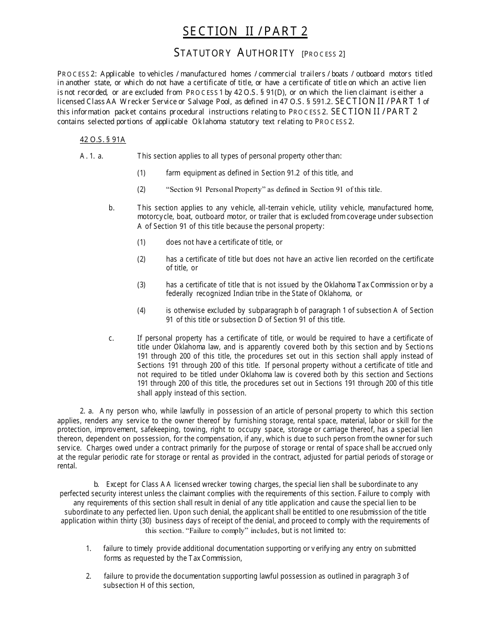 OTC Form 752 Title 42 Possessory Lien Procedures on Vehicles, Manufactured Homes, Commercial Trailers, Boats and Outboard Motors - Oklahoma, Page 20