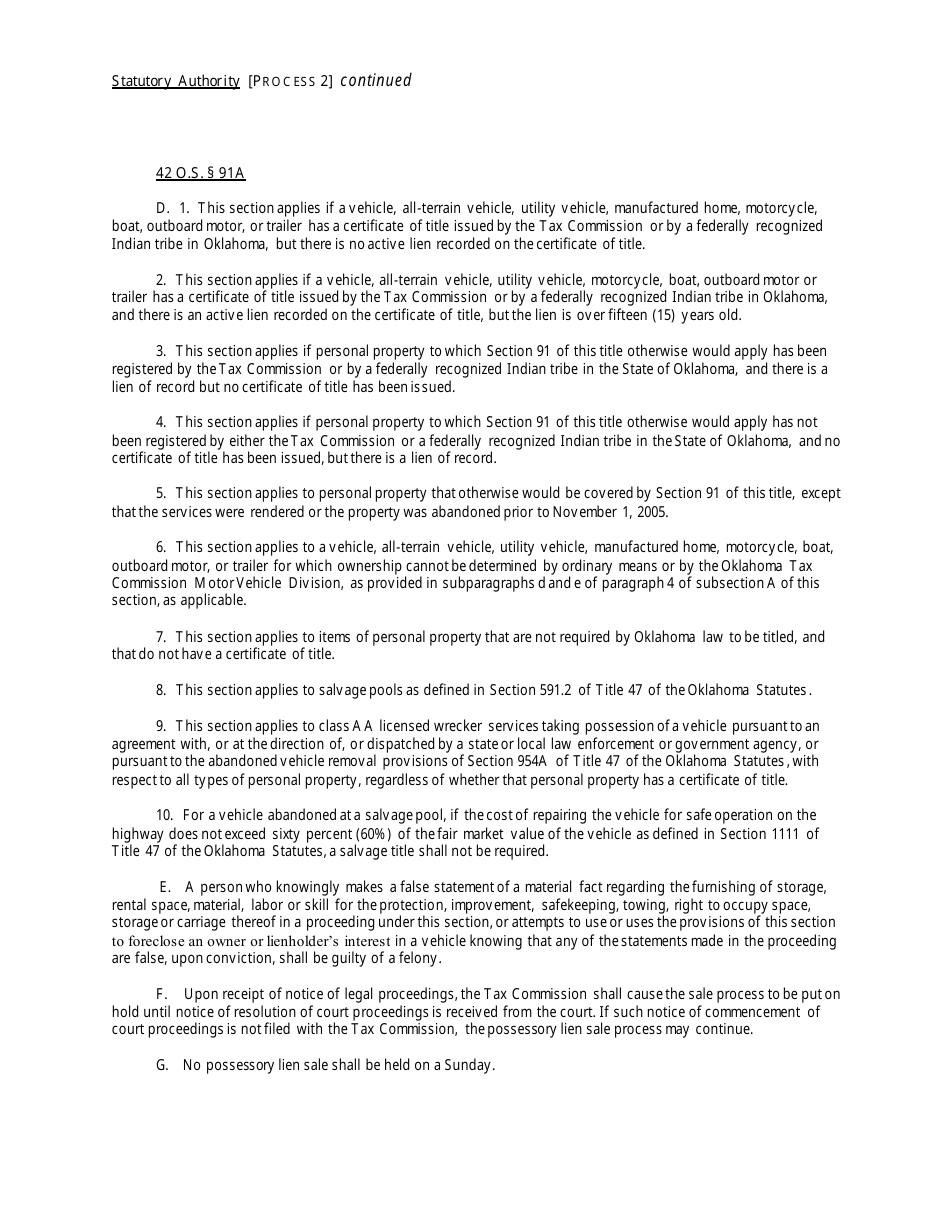 OTC Form 752 Title 42 Possessory Lien Procedures on Vehicles, Manufactured Homes, Commercial Trailers, Boats and Outboard Motors - Oklahoma, Page 24