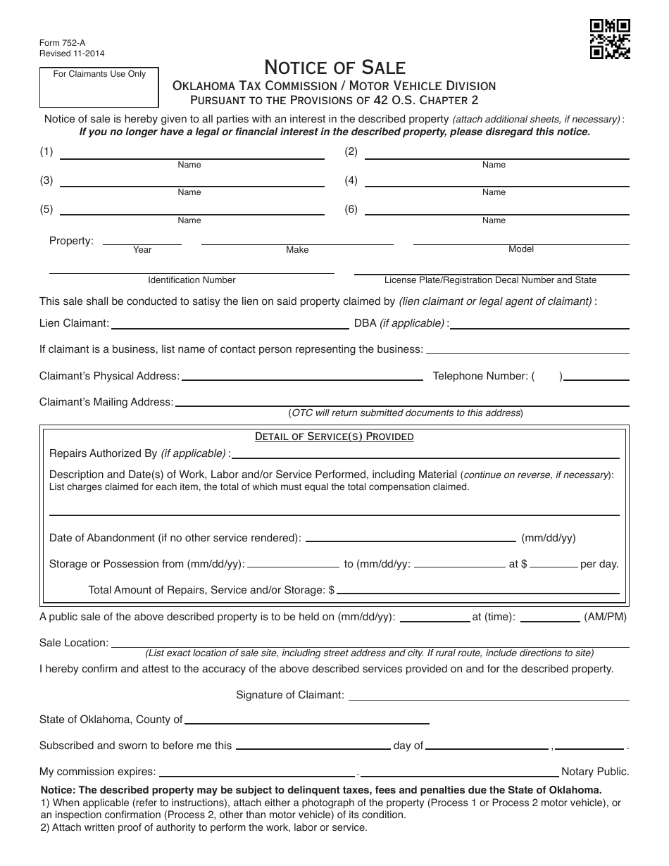 OTC Form 752 Title 42 Possessory Lien Procedures on Vehicles, Manufactured Homes, Commercial Trailers, Boats and Outboard Motors - Oklahoma, Page 26
